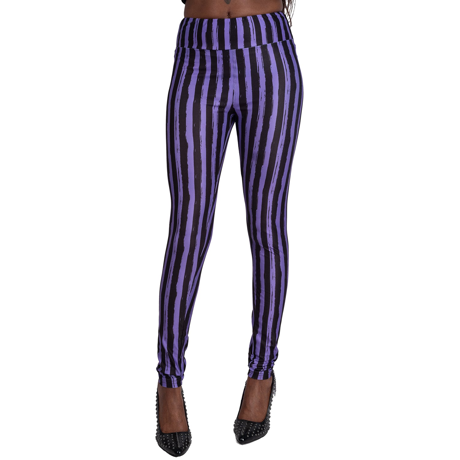 Purple Black Striped High Waist Leggings Goth Punk Creepy Too Fast