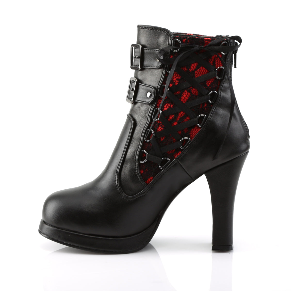 Demonia CRYPTO-51 | Black &amp; Red Lace &amp; Vegan Leather Ankle Boots