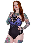 Too Fast | Bats Fly at Dawn Purple Sky Web Caged One Piece Swimsuit