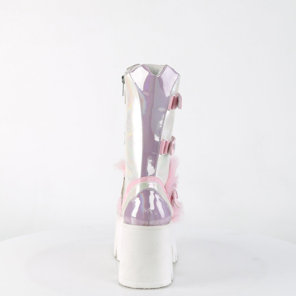 Too Fast | Demonia Ashes 120 | Baby Pink Holographic Patent Women's Mid Calf Boots