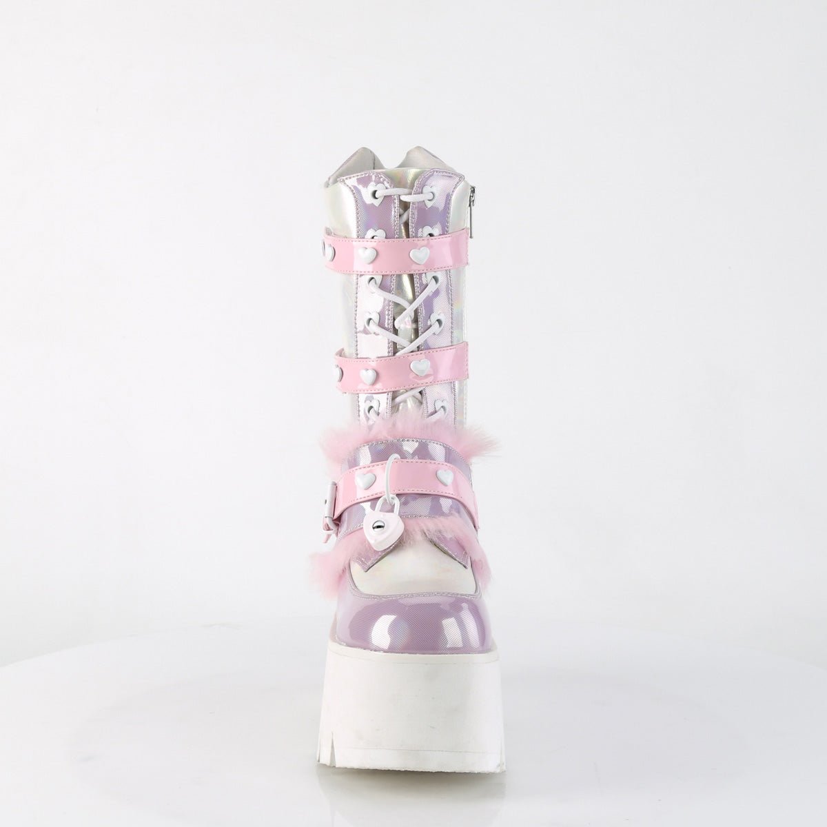 Too Fast | Demonia Ashes 120 | Baby Pink Holographic Patent Women&#39;s Mid Calf Boots