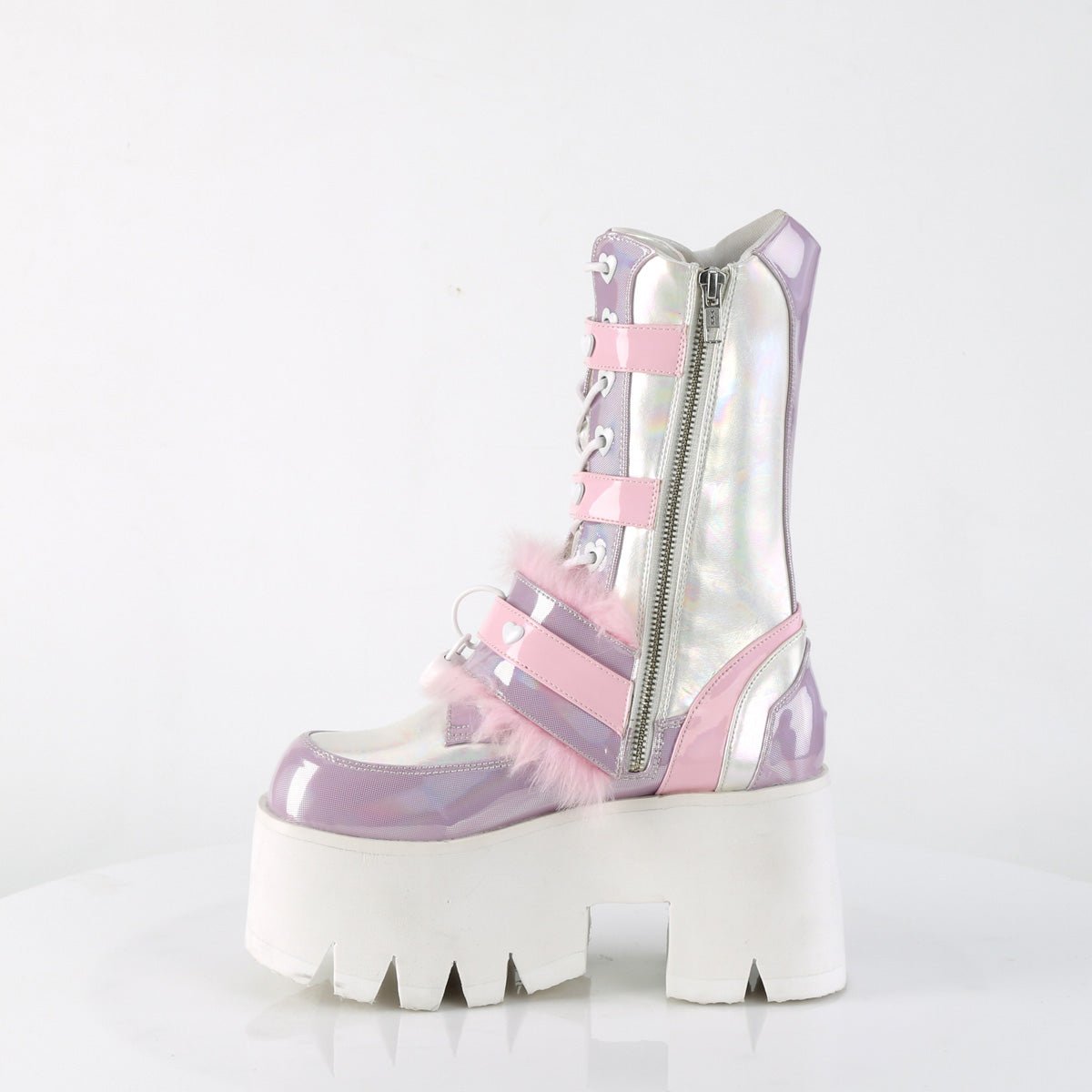 Too Fast | Demonia Ashes 120 | Baby Pink Holographic Patent Women&#39;s Mid Calf Boots