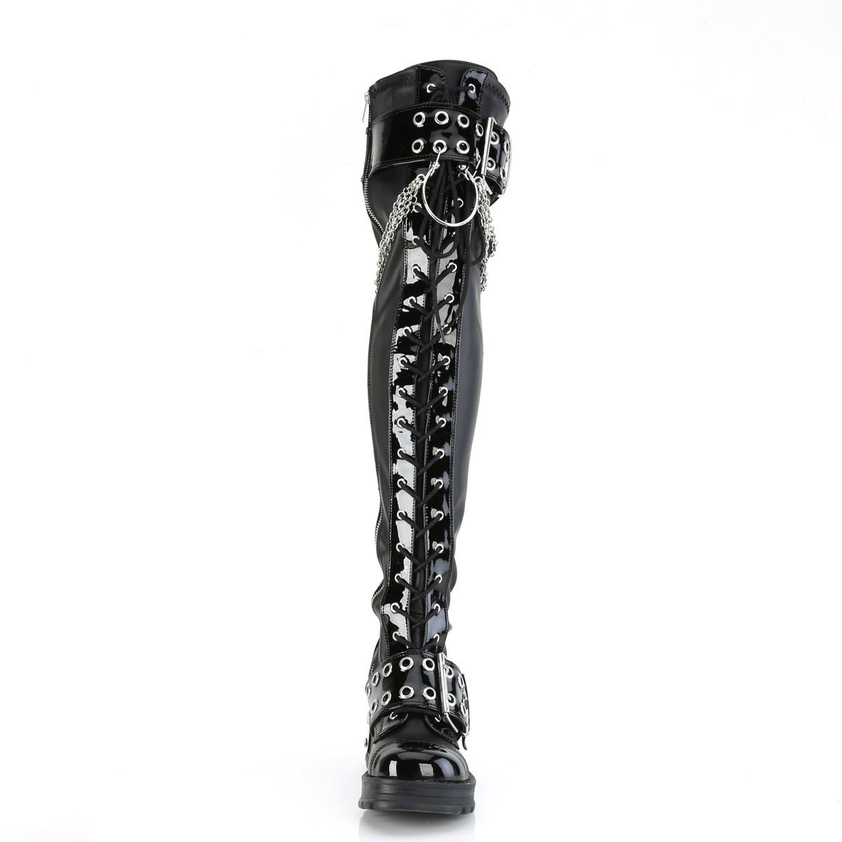 Too Fast | Demonia Bratty 304 | Black Stretch Vegan Leather Women's Over The Knee Boots