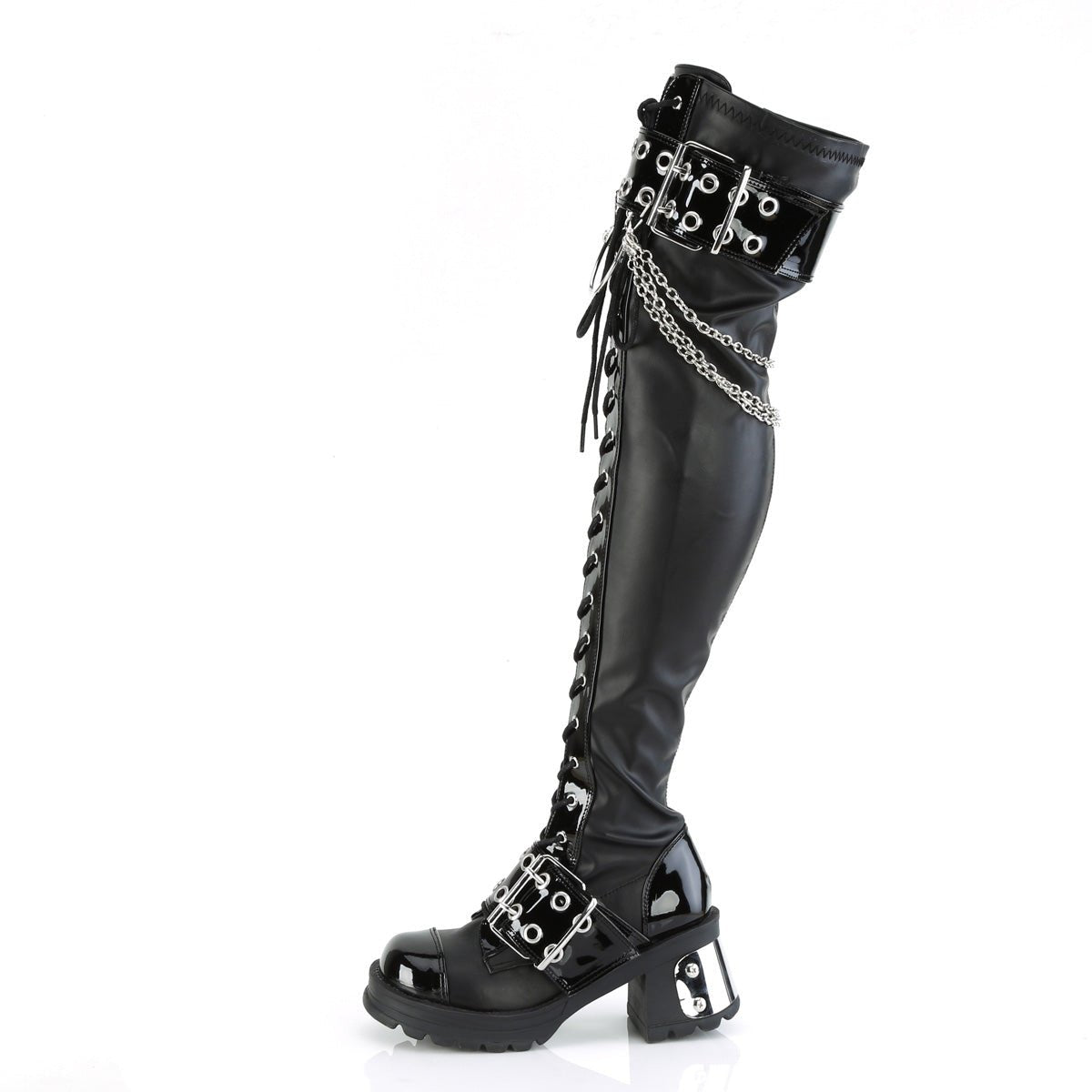 Too Fast | Demonia Bratty 304 | Black Stretch Vegan Leather Women&#39;s Over The Knee Boots