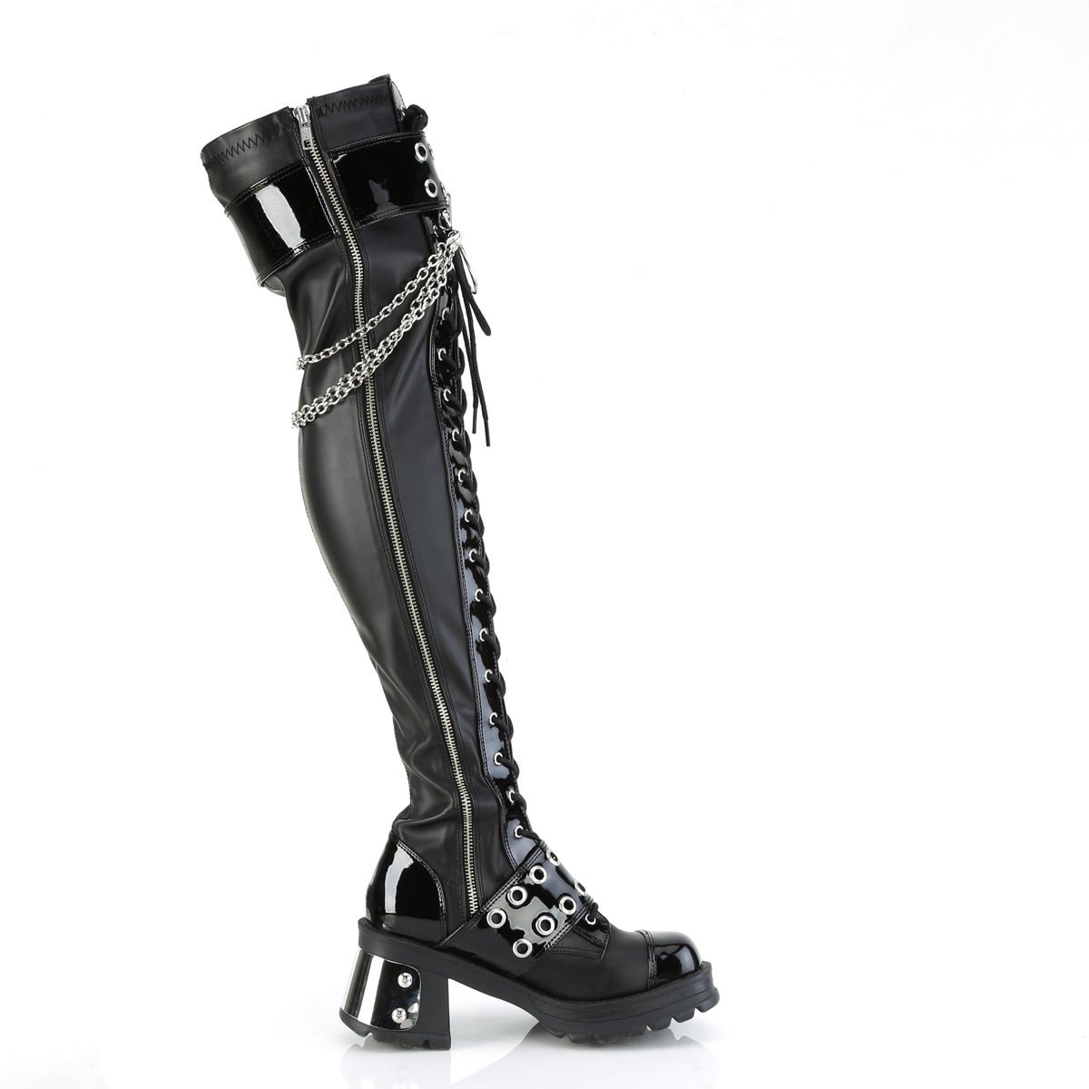 Too Fast | Demonia Bratty 304 | Black Stretch Vegan Leather Women&#39;s Over The Knee Boots