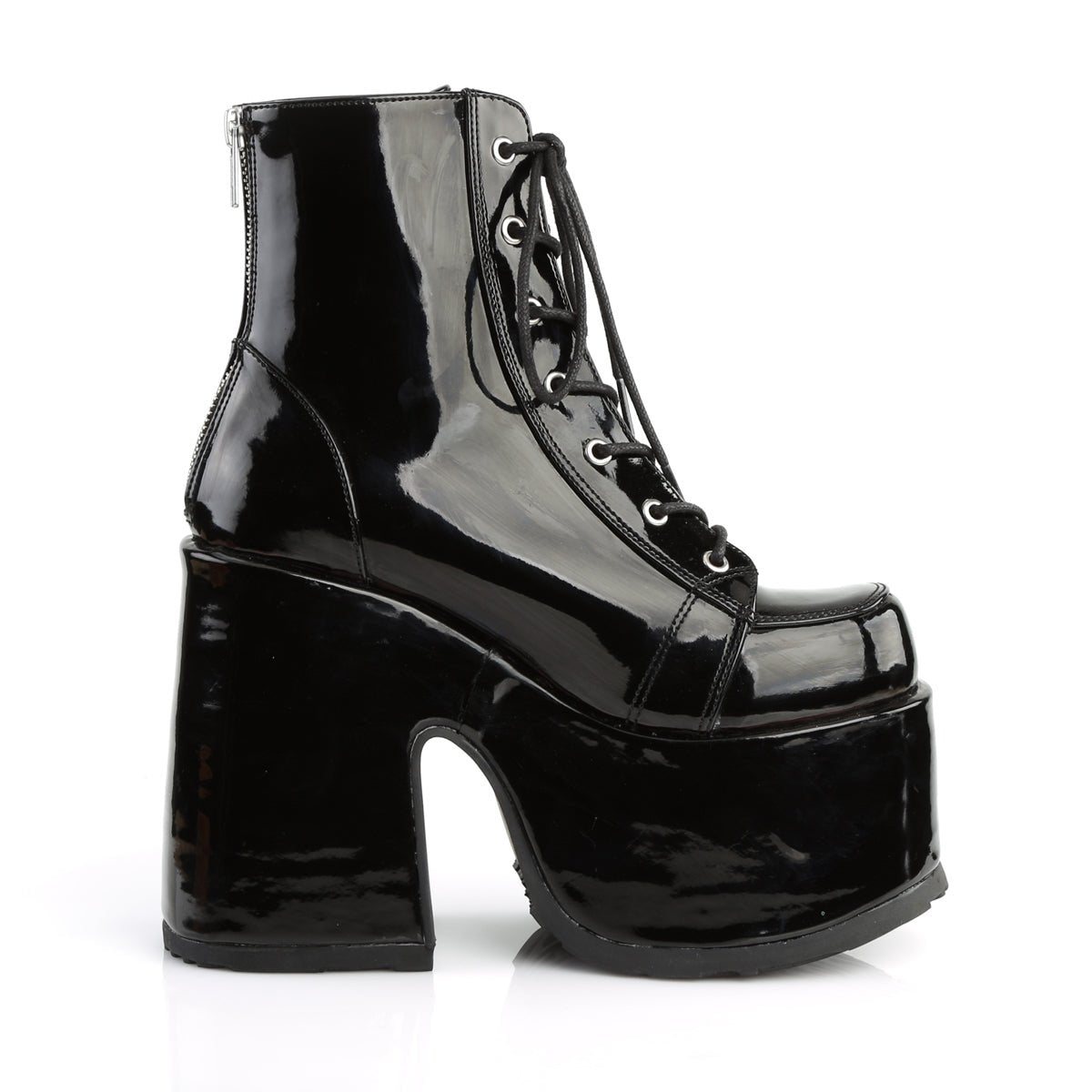 Too Fast | Demonia Camel 203 | Black Patent Leather Women's Ankle Boots