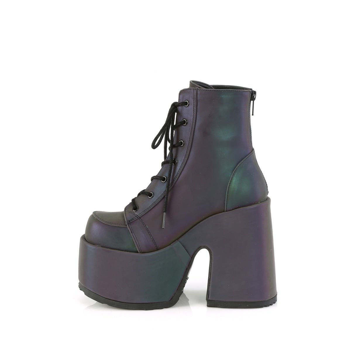 Too Fast | Demonia Camel 203 | Green Reflective Women&#39;s Ankle Boots
