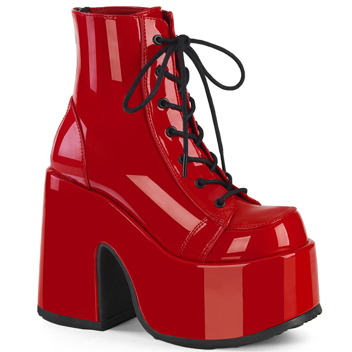 Too Fast | Demonia Camel 203 | Red Patent Leather Women's Ankle Boots