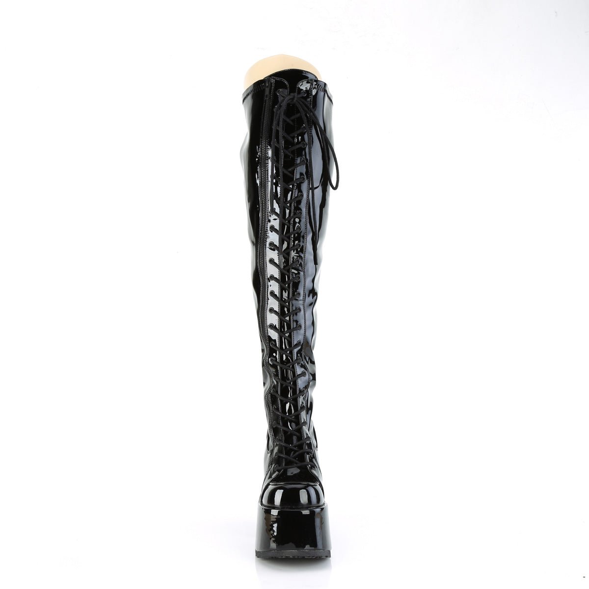 Too Fast | Demonia Camel 300 Wc | Black Stretch Patent Leather Women's Over The Knee Boots