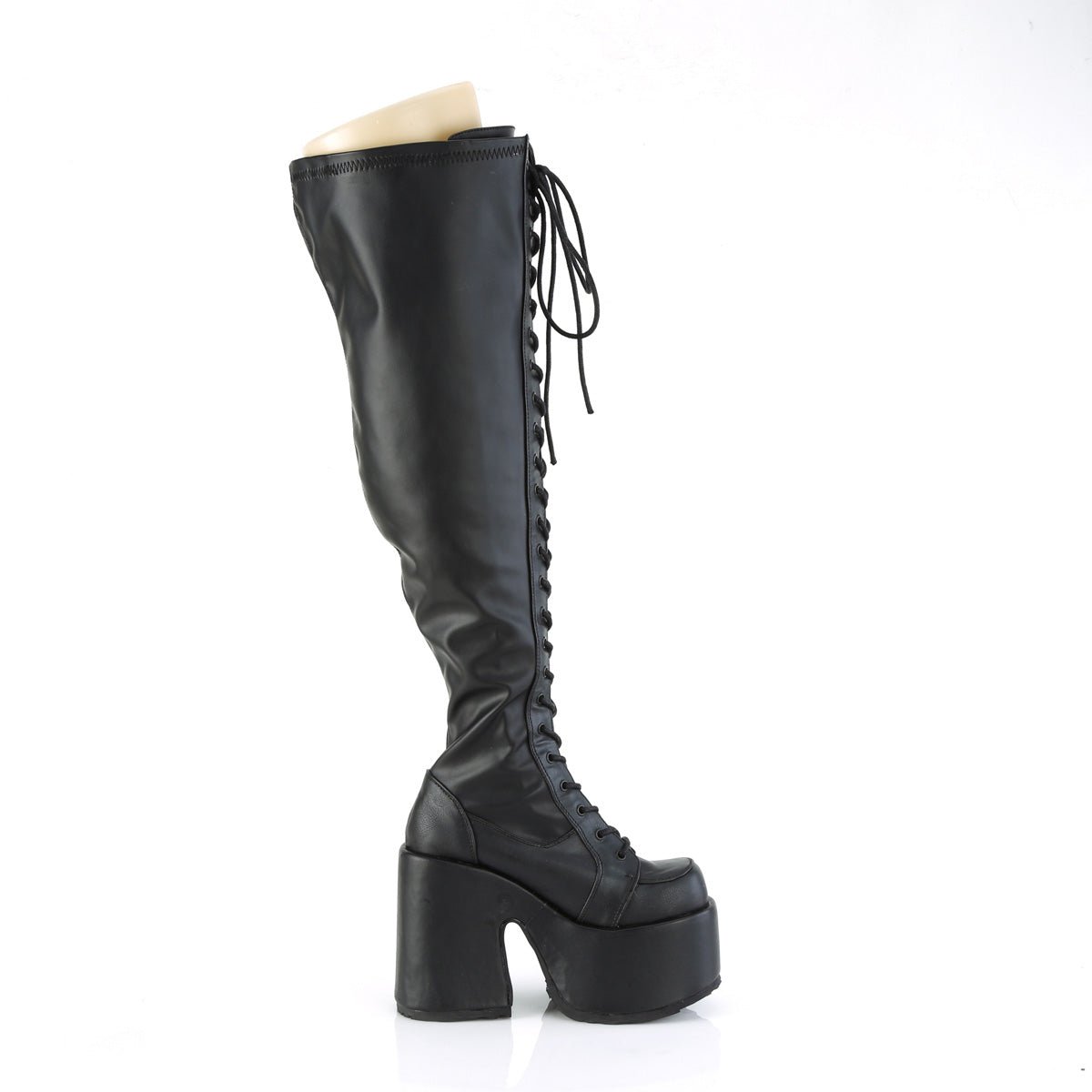 Too Fast | Demonia Camel 300 Wc | Black Stretch Vegan Leather Women's Over The Knee Boots
