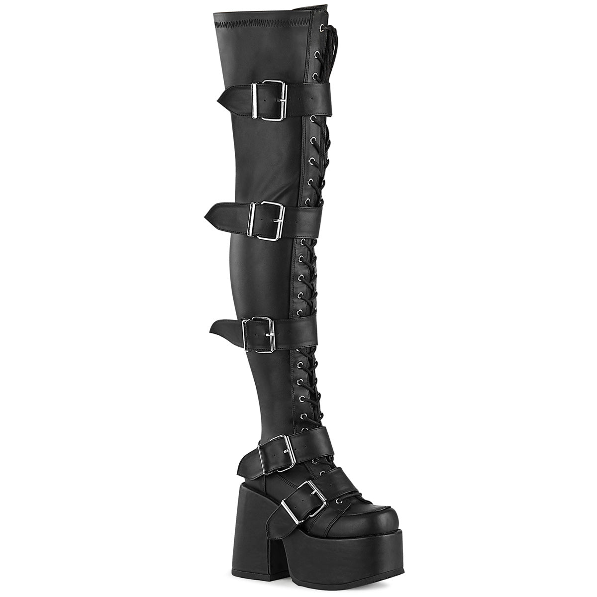 Too Fast | Demonia Camel 305 | Black Stretch Vegan Leather Women's Over The Knee Boots