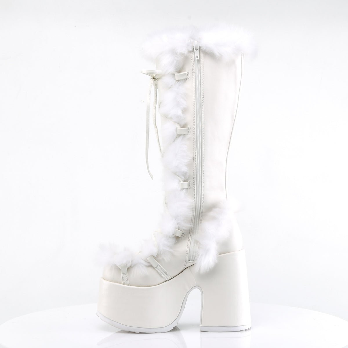 Too Fast | Demonia Camel 311 | White Vegan Leather Women's Knee High Boots