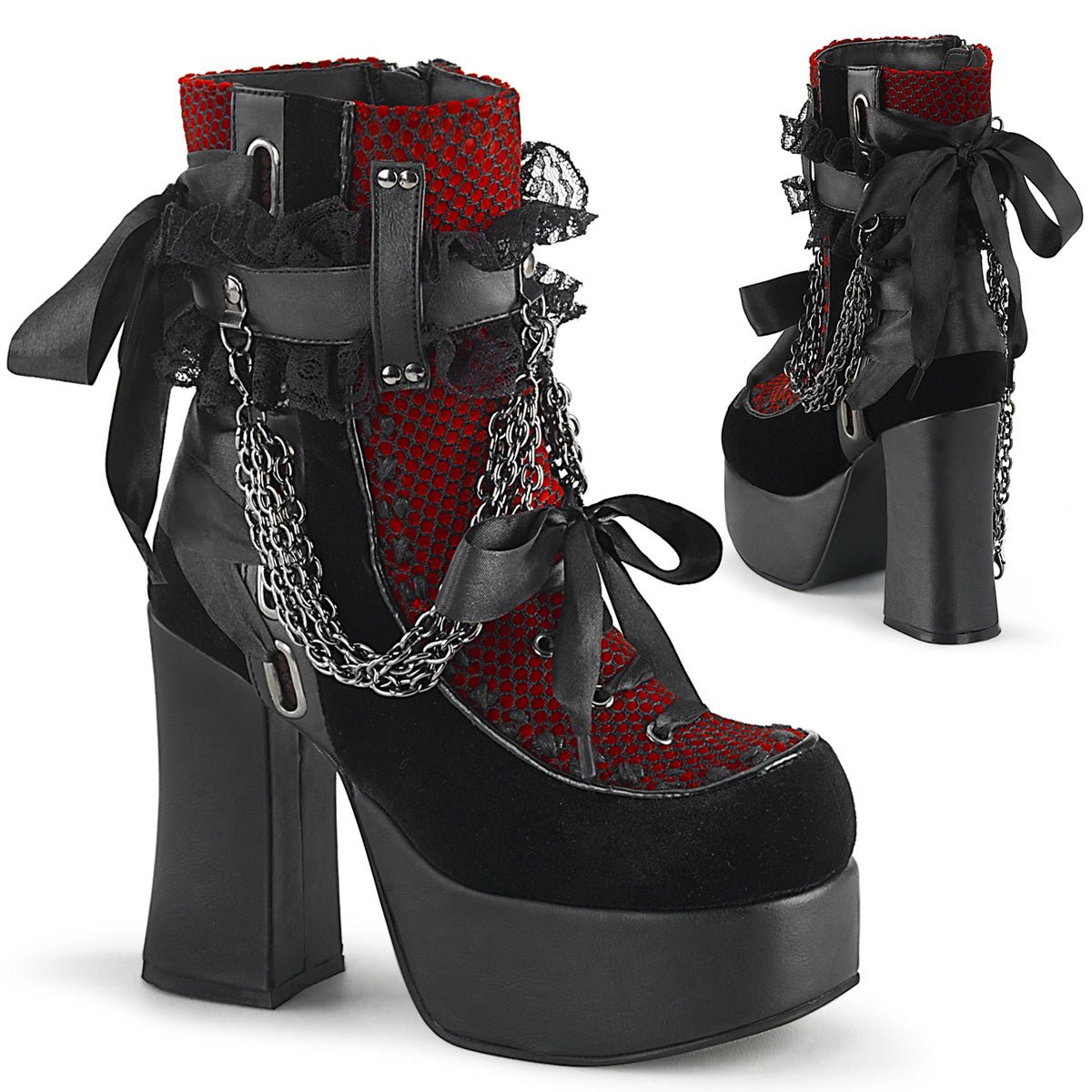 Too Fast | Demonia Charade 110 | Black & Red Vegan Leather, Velvet & Fishnet Overlay Women's Ankle Boots
