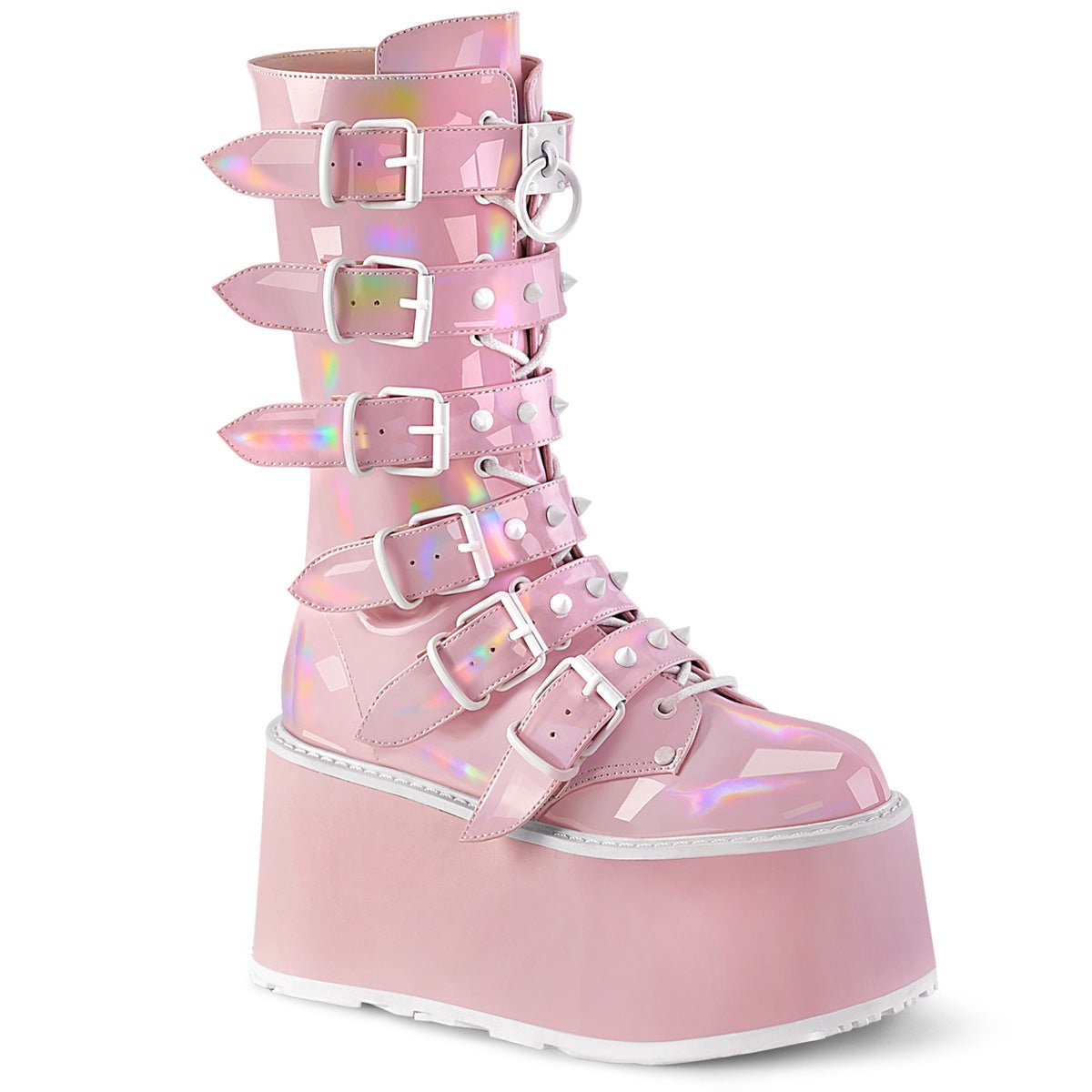 Too Fast | Demonia Damned 225 | Baby Pink Hologram Patent Women's Mid Calf Boots