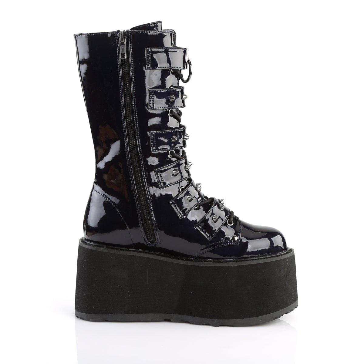 Too Fast | Demonia Damned 225 | Black Holographic Vegan Leather Women's Mid Calf Boots