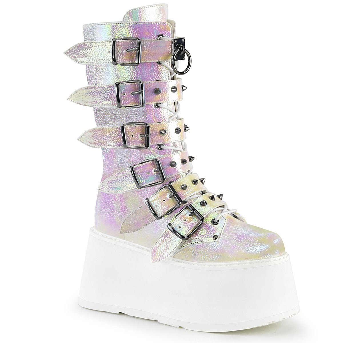 Too Fast | Demonia Damned 225 | Pearl Iridescent Vegan Leather Women's Mid Calf Boots