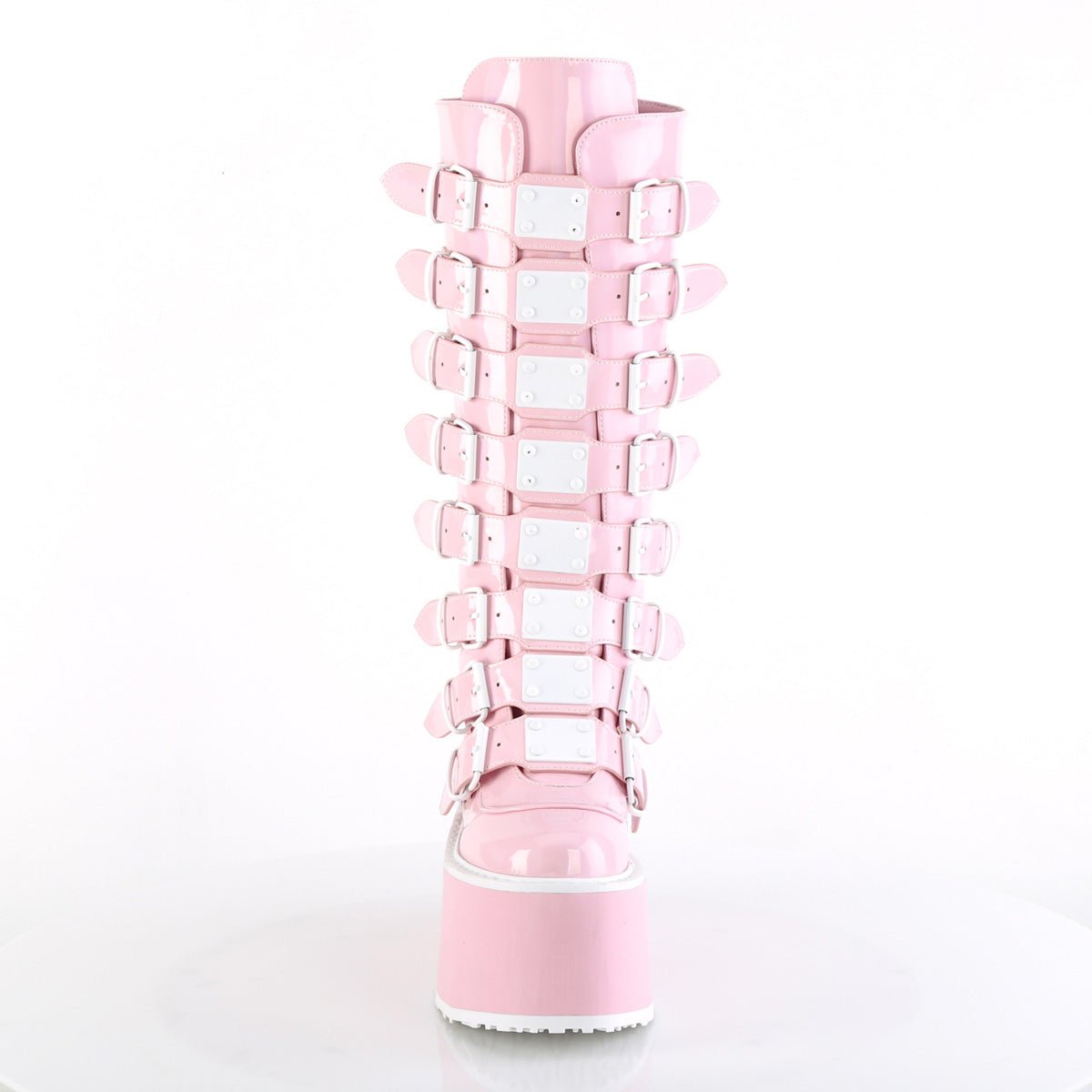 Too Fast | Demonia Damned 318 | Baby Pink Hologram Patent Women's Knee High Boots