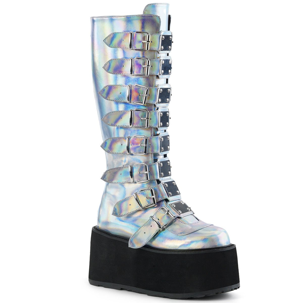 Too Fast | Demonia Damned 318 | Silver Holographic Vegan Leather Women&#39;s Knee High Boots