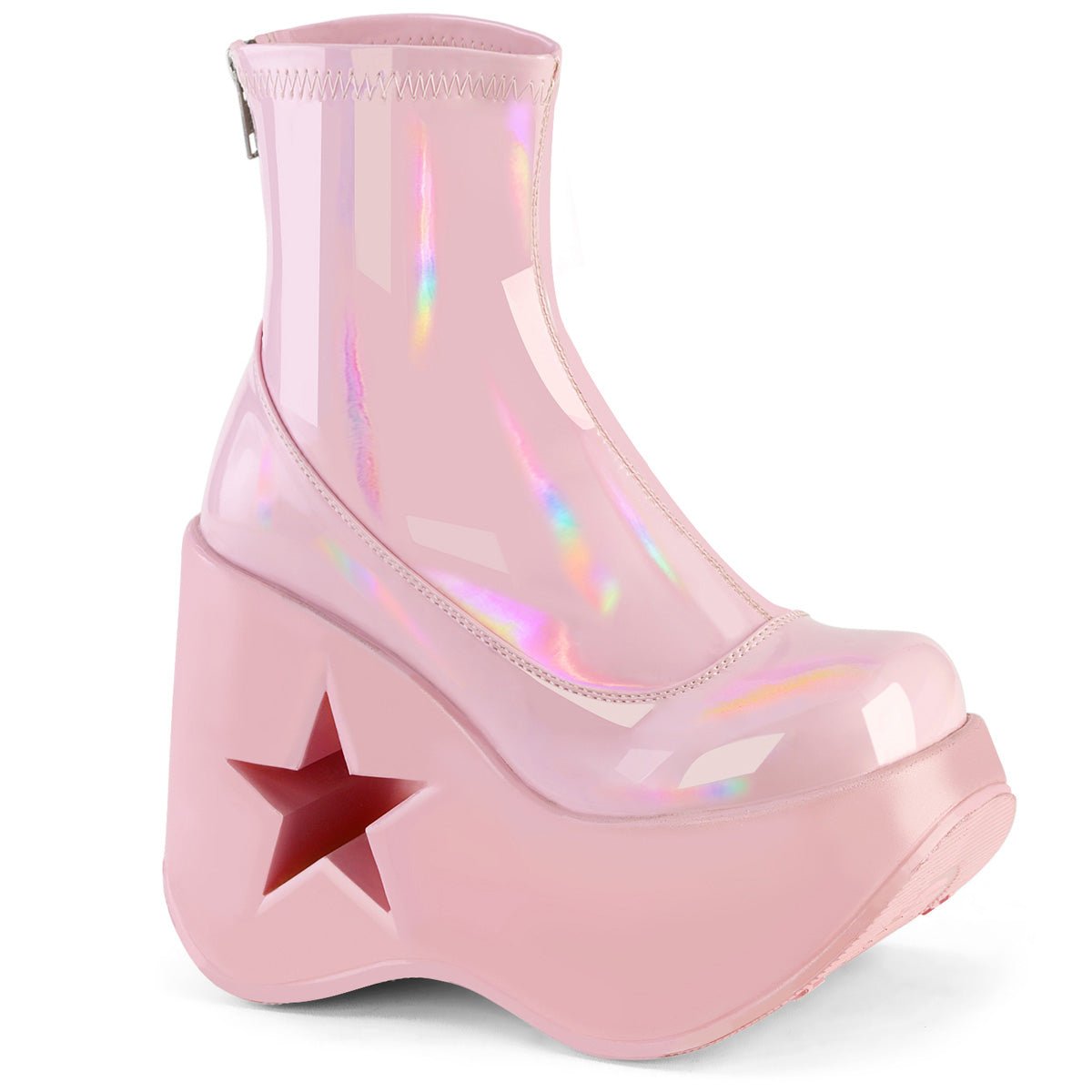 Too Fast | Demonia Dynamite 100 | Baby Pink Stretch Hologram Women's Ankle Boots