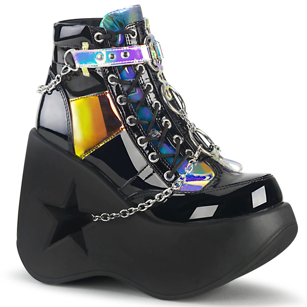 Too Fast | Demonia Dynamite 101 | Black Patent Leather & Magic Mirror Tpu (Thermoplastic Polyurethane) Women's Ankle Boots
