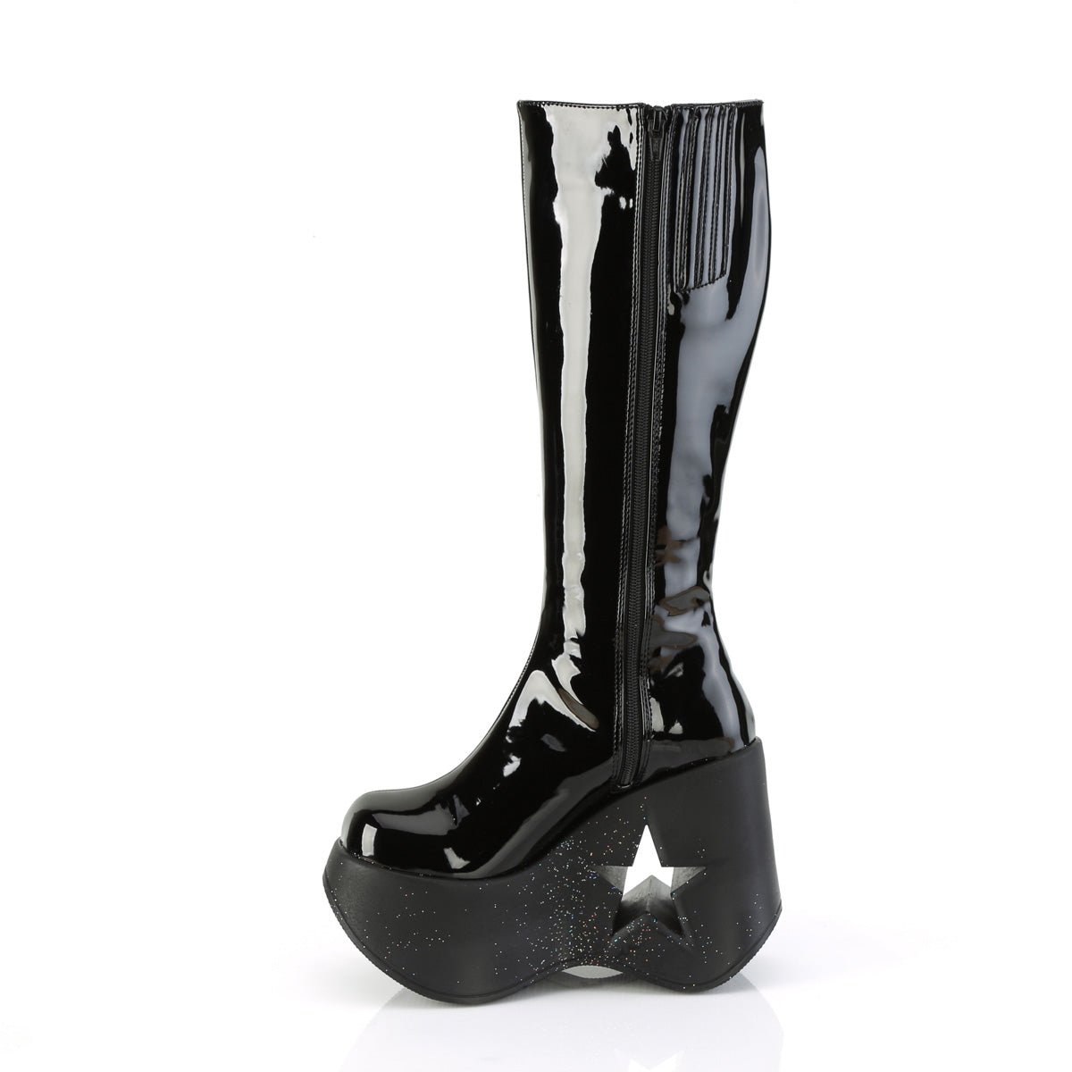 Too Fast | Demonia Dynamite 218 | Black Glitter Patent Vegan Leather Women&#39;s Knee High Boots