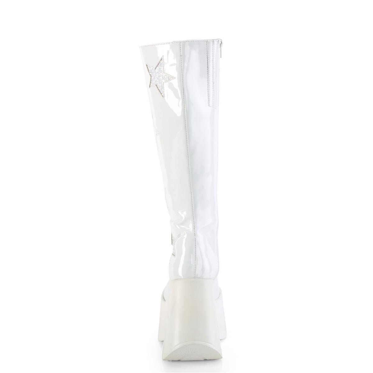 Too Fast | Demonia Dynamite 218 | White Patent Leather &amp; Glitter Women&#39;s Knee High Boots