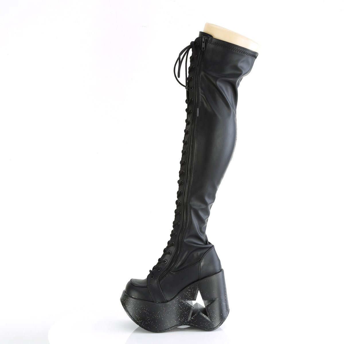 Too Fast | Demonia Dynamite 300 | Black Stretch Vegan Leather Women&#39;s Over The Knee Boots
