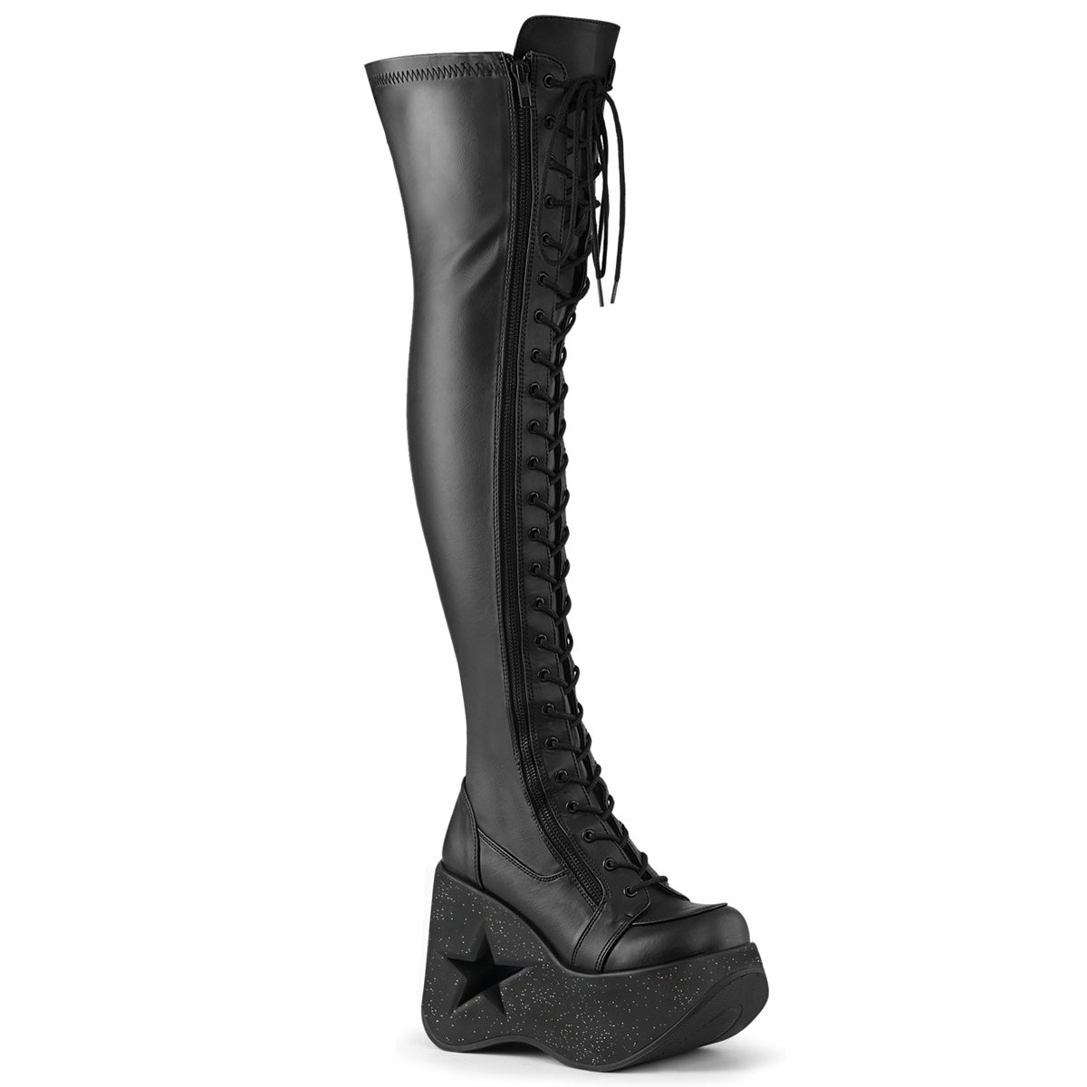Too Fast | Demonia Dynamite 300 | Black Stretch Vegan Leather Women&#39;s Over The Knee Boots