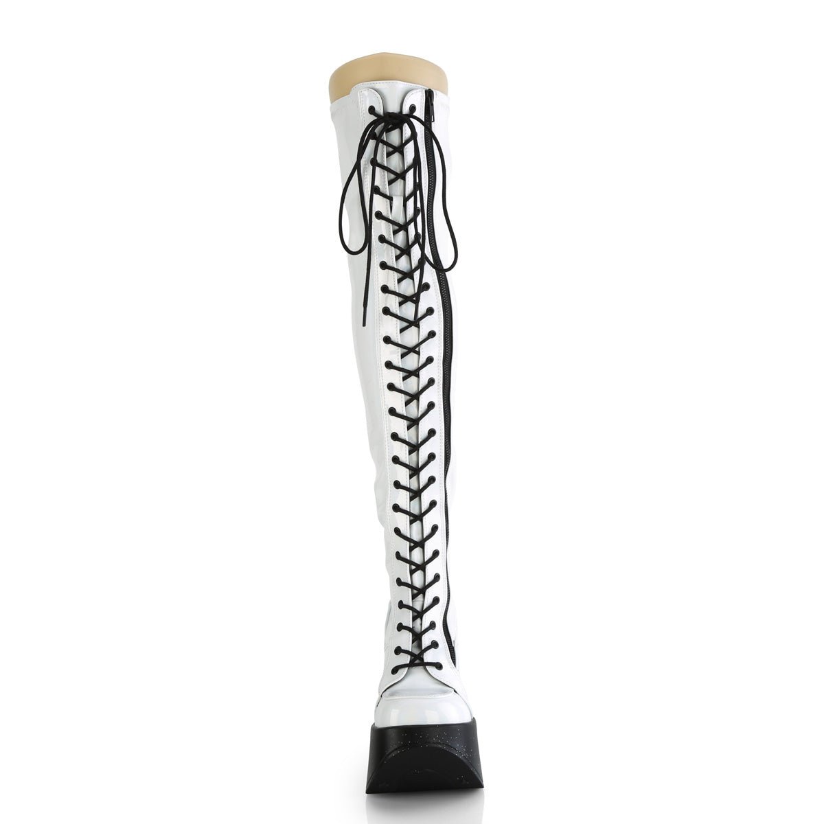 Too Fast | Demonia Dynamite 300 | White Stretch Holographic Women&#39;s Over The Knee Boots