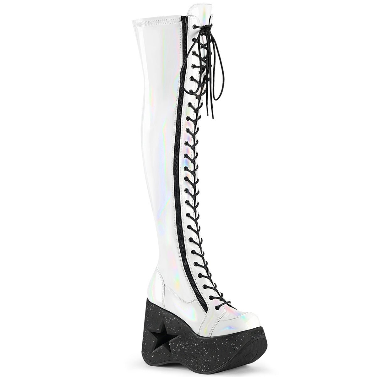 Too Fast | Demonia Dynamite 300 | White Stretch Holographic Women's Over The Knee Boots