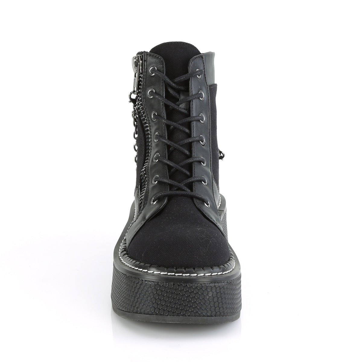 Too Fast | Demonia Emily 114 | Black Canvas & Vegan Leather Women's Ankle Boots