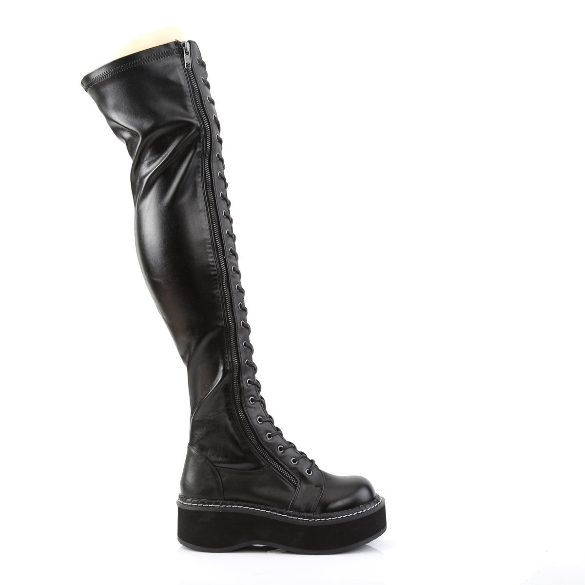 Too Fast | Demonia Emily 375 | Black Stretch Vegan Leather Women&#39;s Over The Knee Boots
