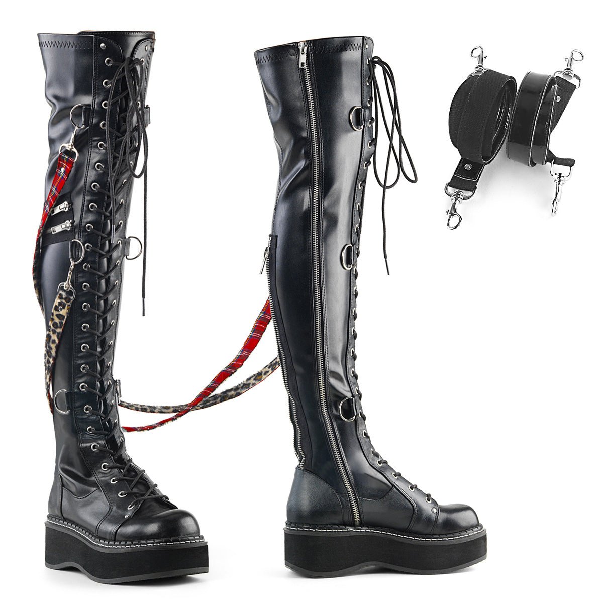 Too Fast | Demonia Emily 377 | Black Stretch Vegan Leather Women's Over The Knee Boots