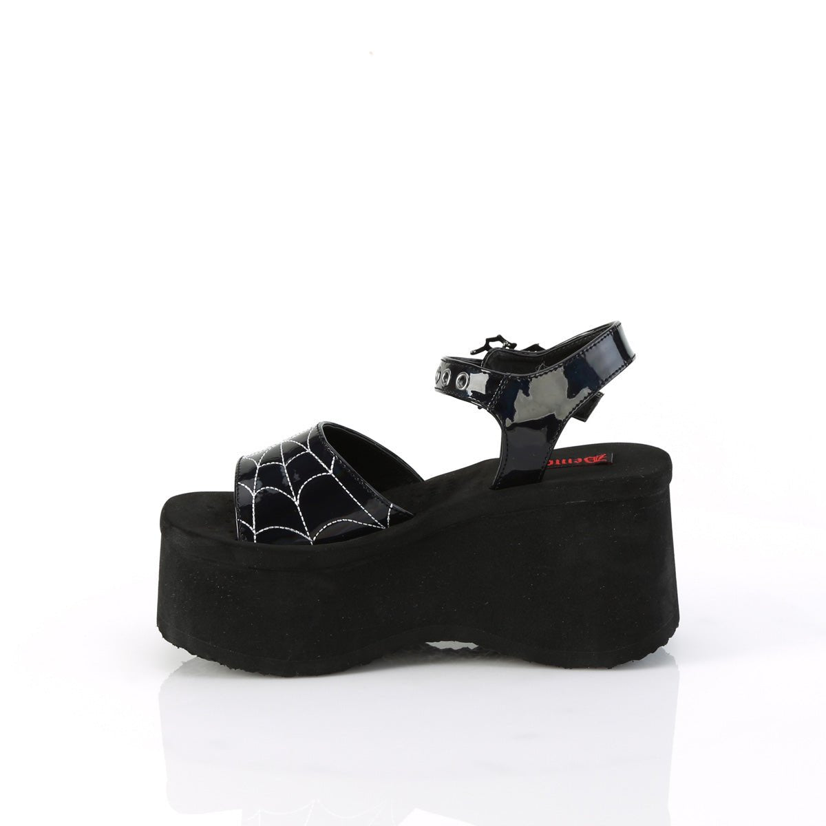Too Fast | Demonia Funn 10 | Black Holographic Patent Leather Women&#39;s Sandals
