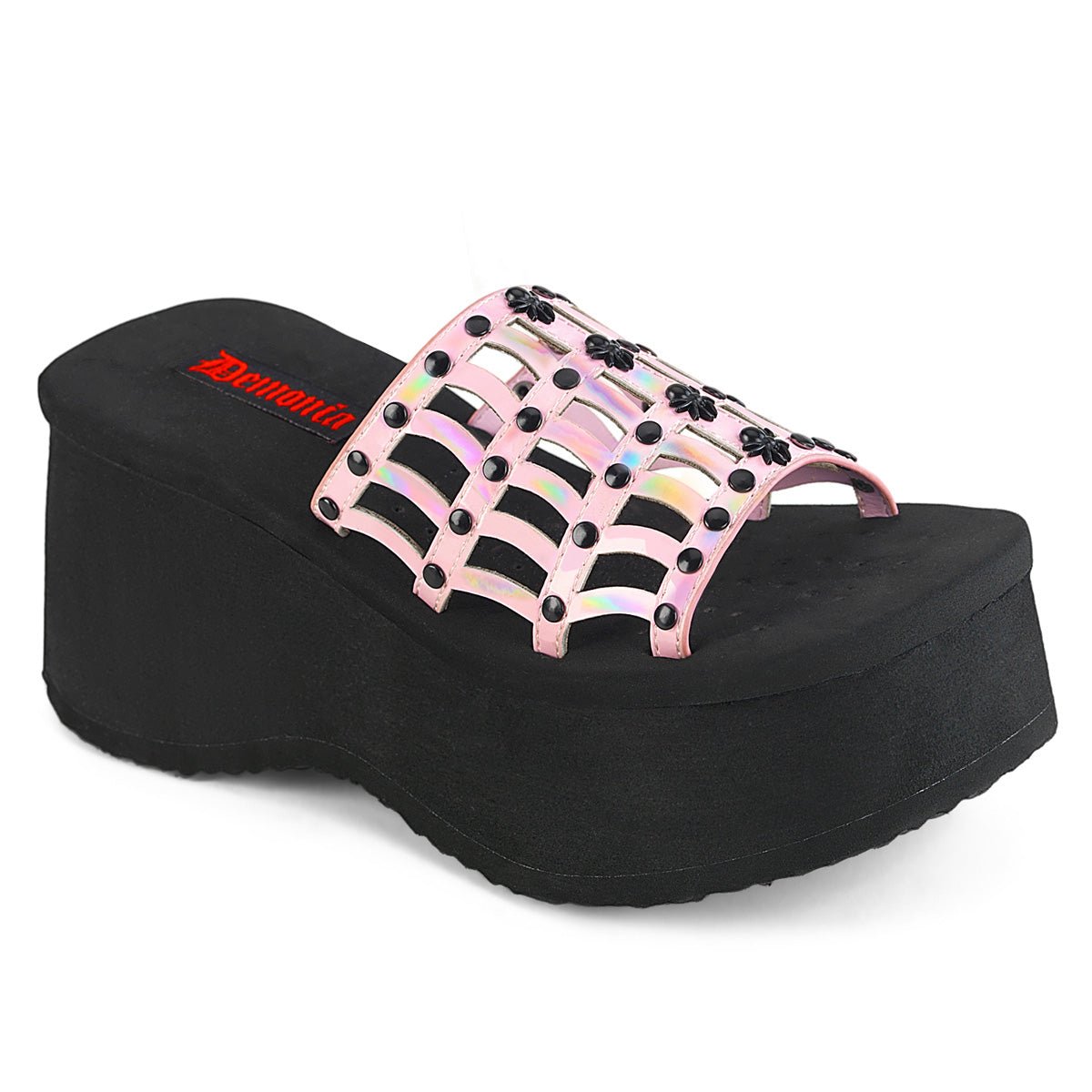 Too Fast | Demonia Funn 13 | Baby Pink Hologram Patent Women's Sandals
