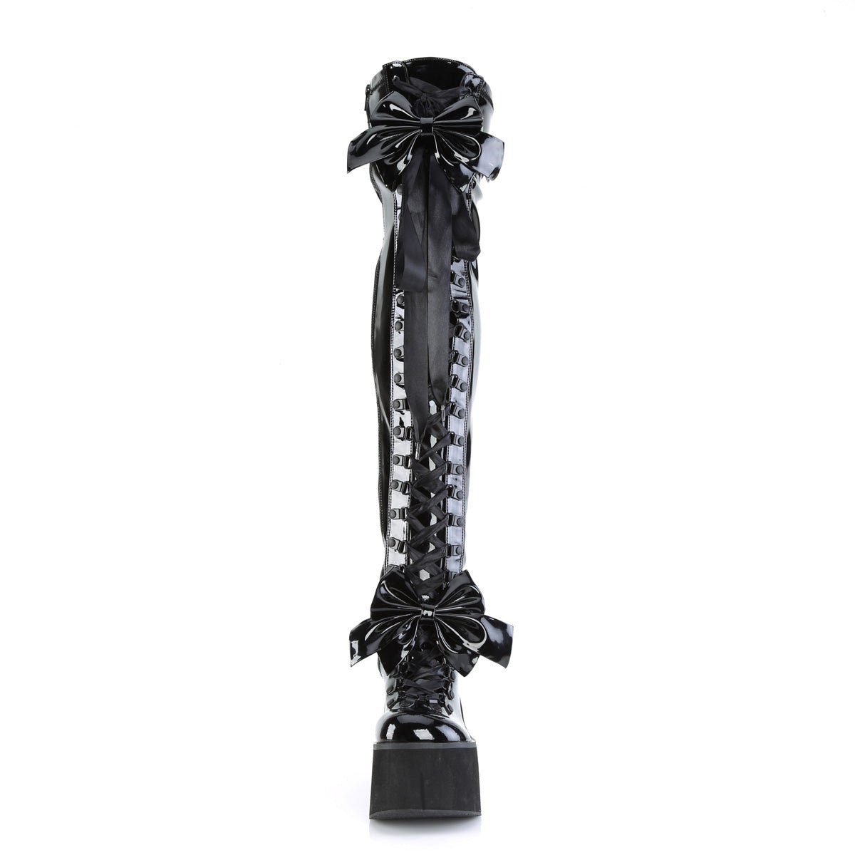 Too Fast | Demonia Kera 303 | Black Stretch Patent Leather Women&#39;s Over The Knee Boots