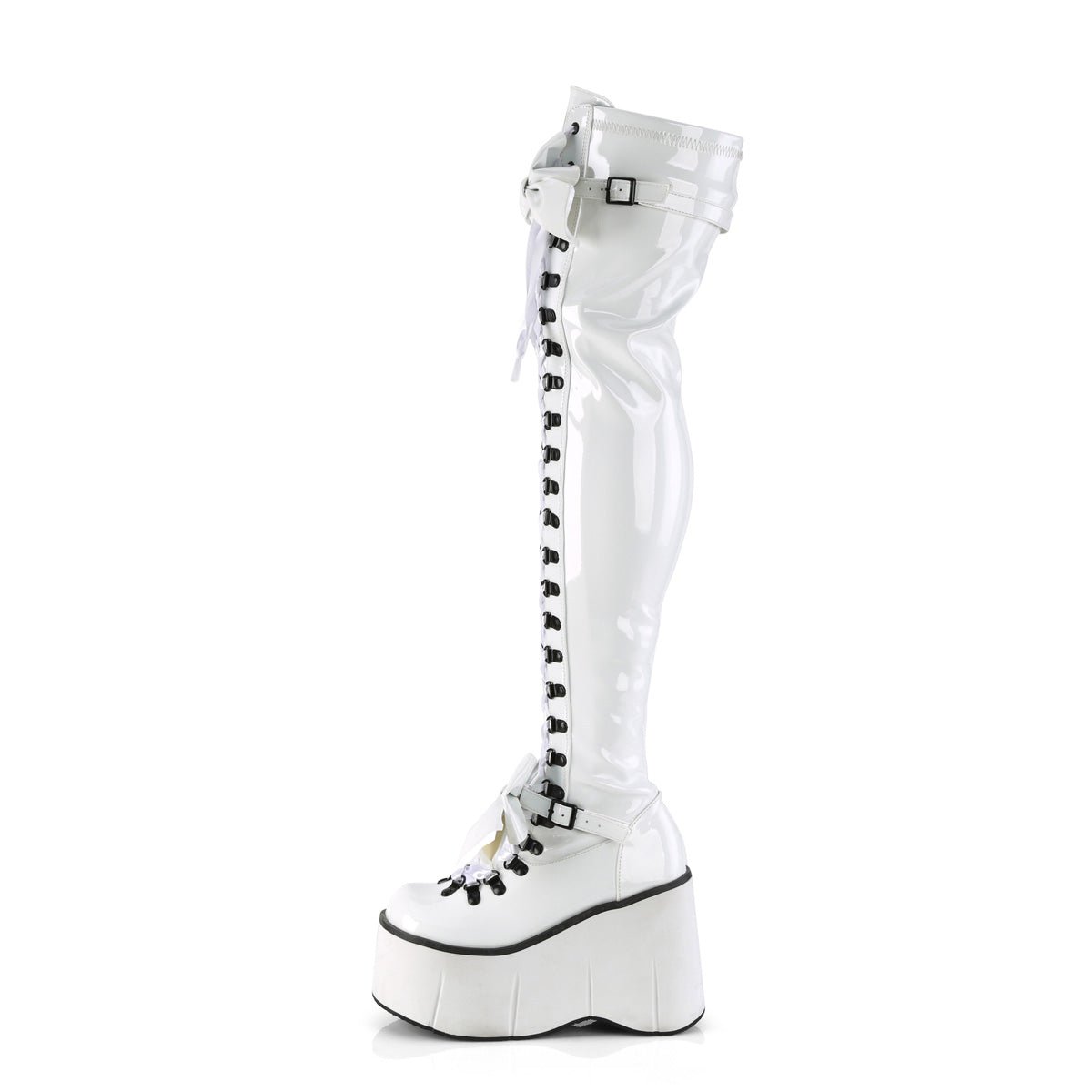 Too Fast | Demonia Kera 303 | White Stretch Patent Leather Women&#39;s Over The Knee Boots