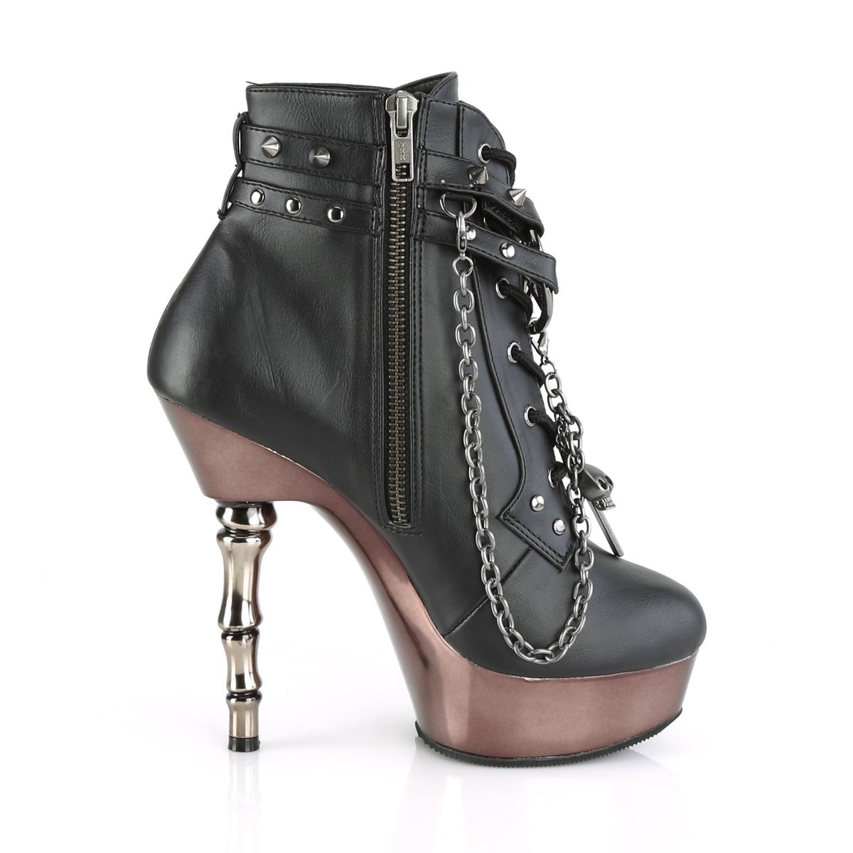 Too Fast | Demonia Muerto 1001 | Black &amp; Pewter Faux Leather &amp; Chrome Women&#39;s Ankle Boots