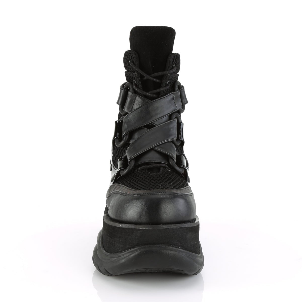 Too Fast | Demonia Neptune 126 | Black Vegan Leather, Fishnet Fabric &amp; Patent Leather Unisex Platform Boots