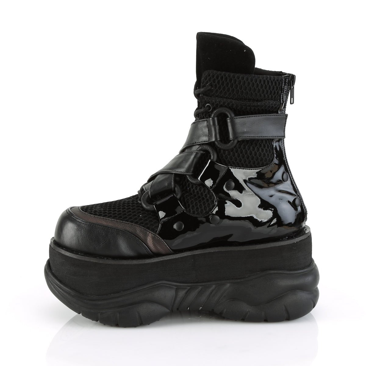 Too Fast | Demonia Neptune 126 | Black Vegan Leather, Fishnet Fabric &amp; Patent Leather Unisex Platform Boots
