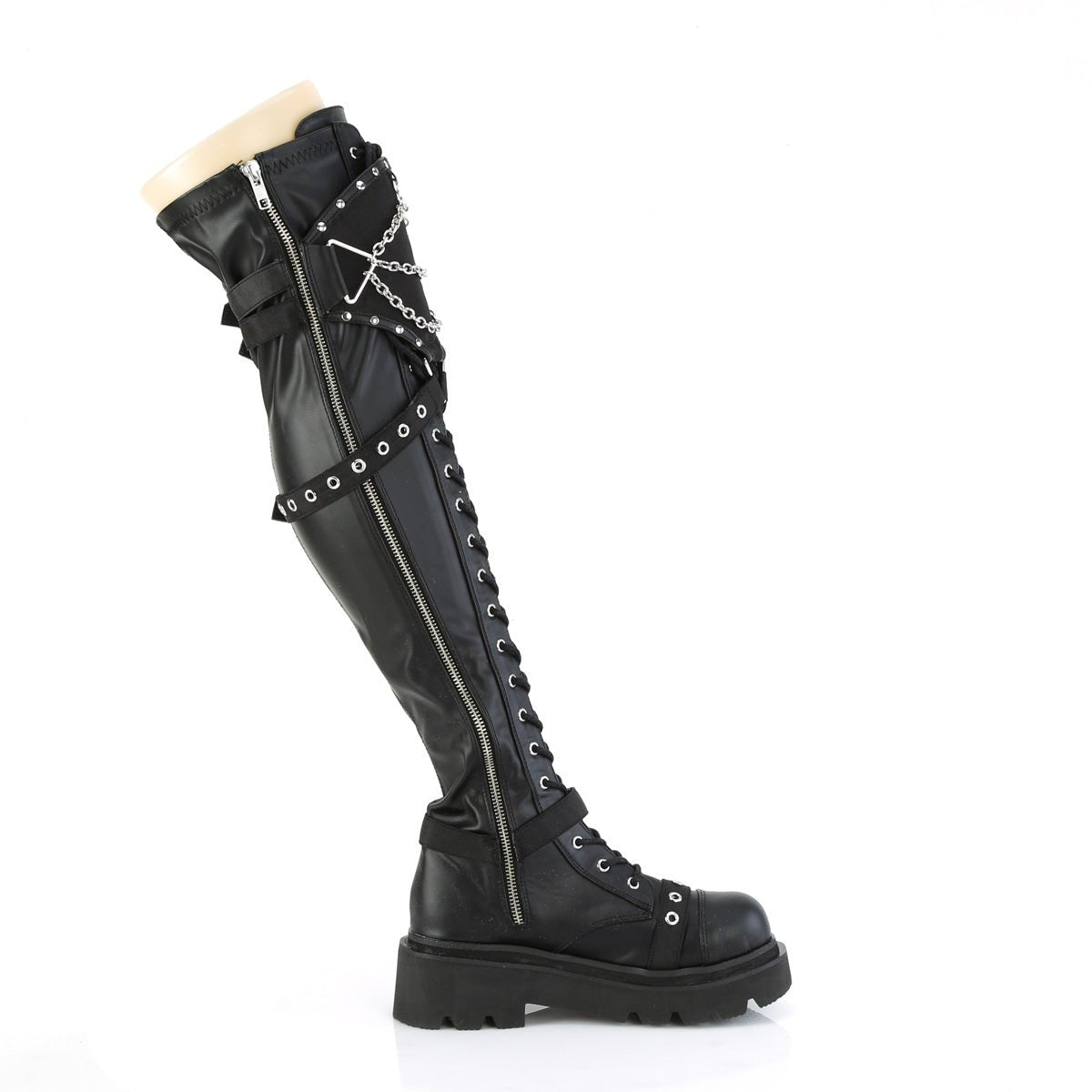 Too Fast | Demonia Renegade 320 | Black Stretch Vegan Leather Women's Over The Knee Boots