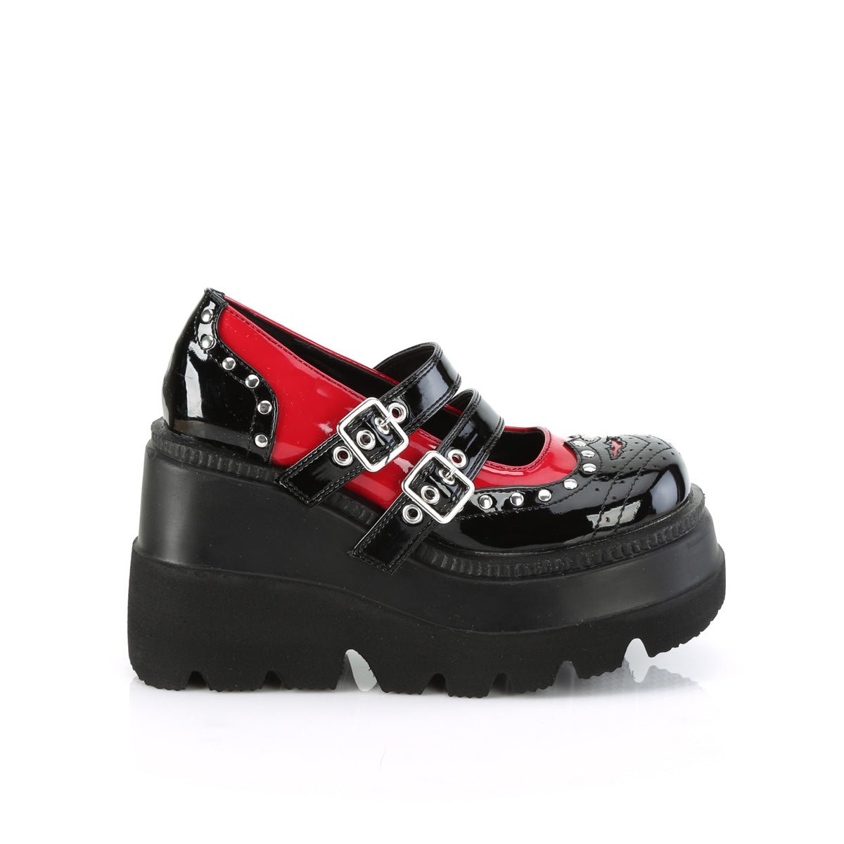 Too Fast | Demonia Shaker 27 | Black &amp; Red Patent Leather Women&#39;s Mary Janes