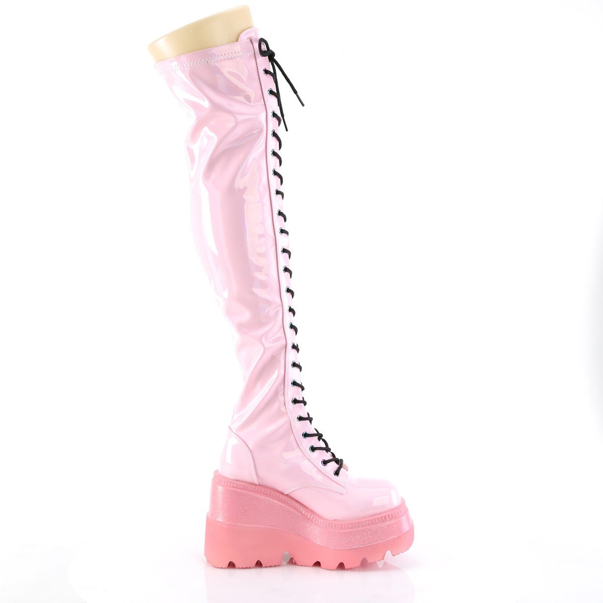 Too Fast | Demonia Shaker 374 1 | Baby Pink Hologram Stretch Patent Leather Women&#39;s Over The Knee Boots
