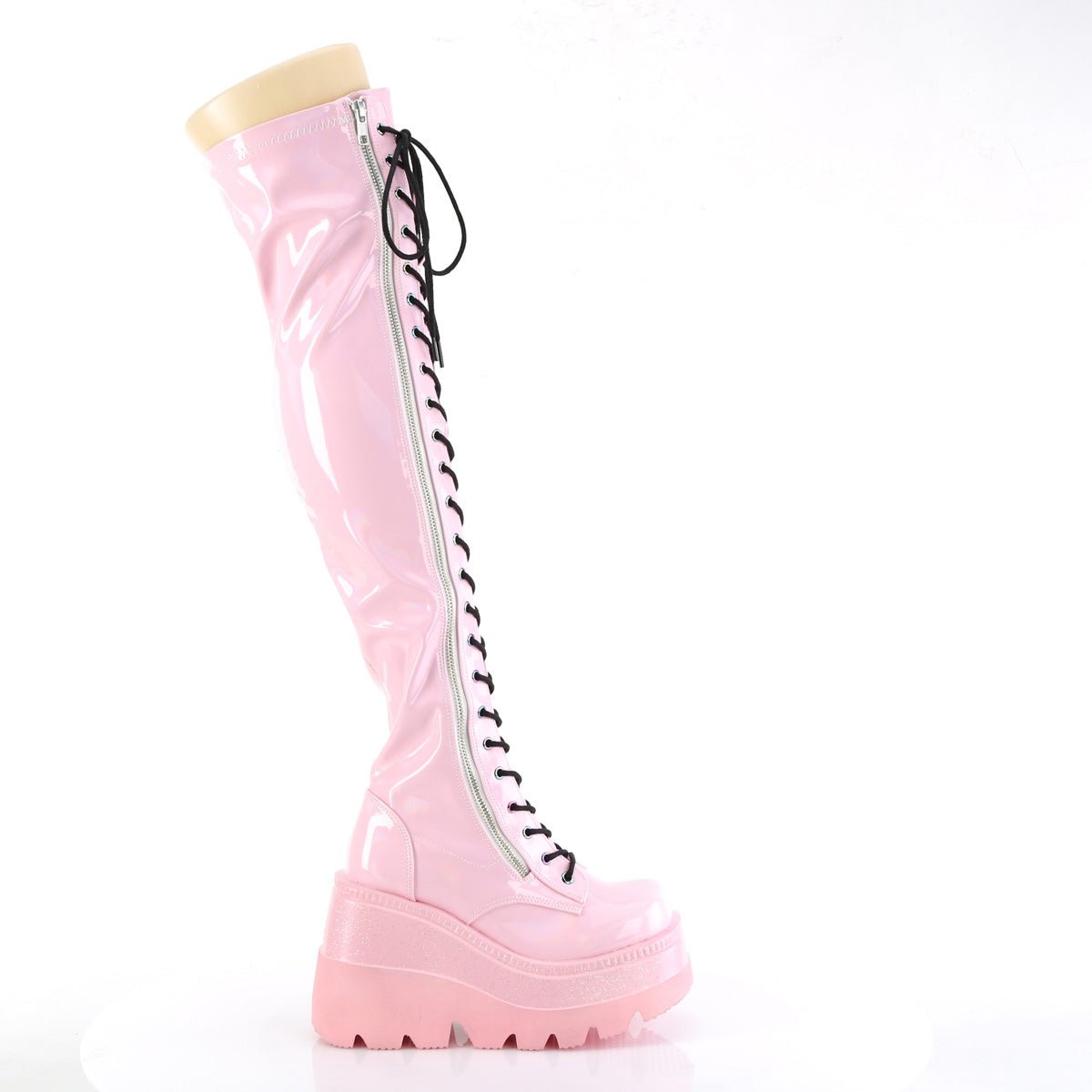 Too Fast | Demonia Shaker 374 | Baby Pink Hologram Stretch Patent Leather Women&#39;s Over The Knee Boots