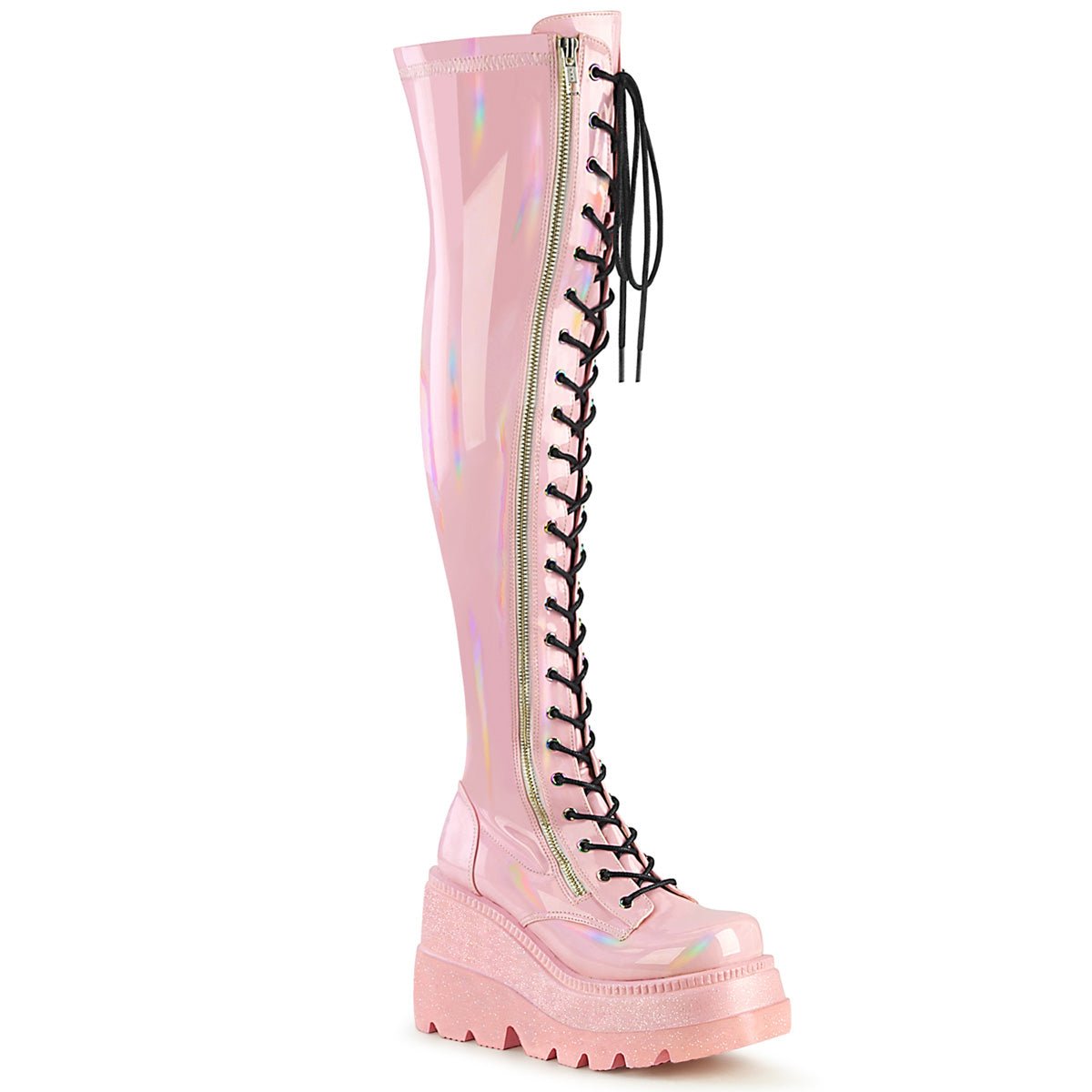 Too Fast | Demonia Shaker 374 | Baby Pink Hologram Stretch Patent Leather Women's Over The Knee Boots