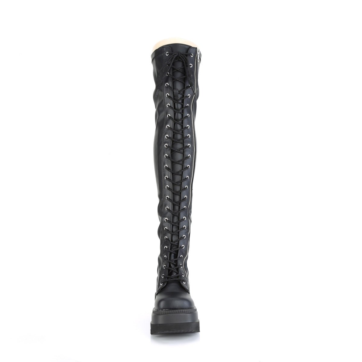 Too Fast | Demonia Shaker 374 | Black Stetch Vegan Leather Women's Over The Knee Boots