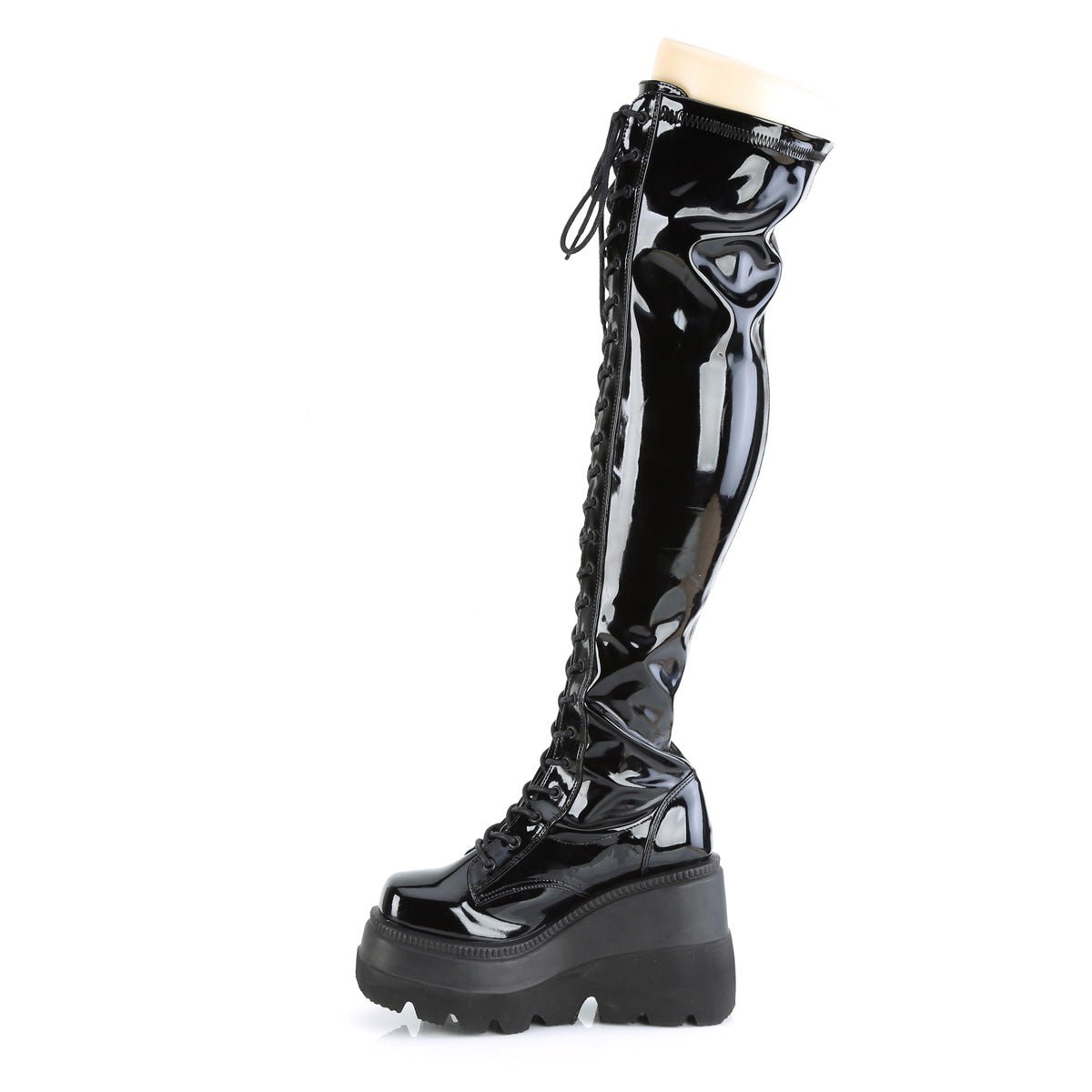 Too Fast | Demonia Shaker 374 | Black Stretch Patent Leather Women's Over The Knee Boots