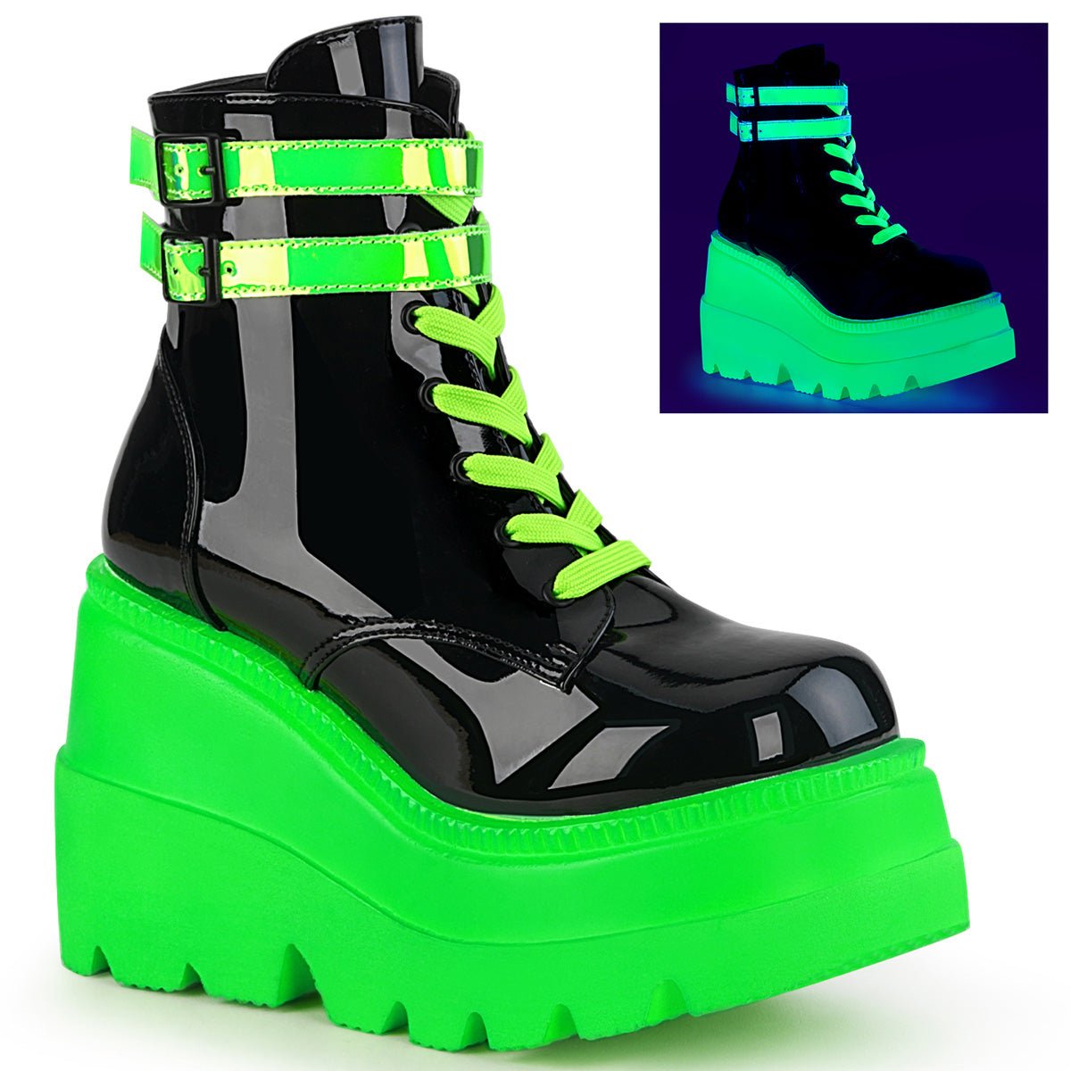 Too Fast | Demonia Shaker 52 | Black &amp; Neon Green Patent Leather &amp; Uv Neon Women&#39;s Ankle Boots