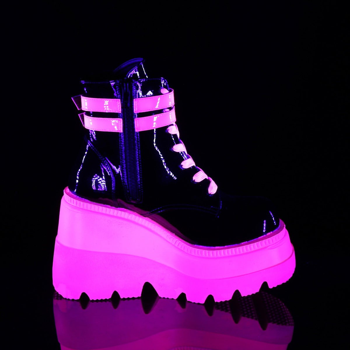 Too Fast | Demonia Shaker 52 | Black &amp; Neon Pink Patent Leather &amp; Uv Neon Women&#39;s Ankle Boots