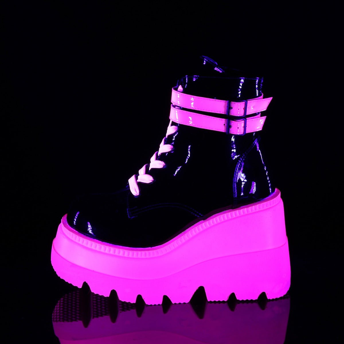 Too Fast | Demonia Shaker 52 | Black &amp; Neon Pink Patent Leather &amp; Uv Neon Women&#39;s Ankle Boots